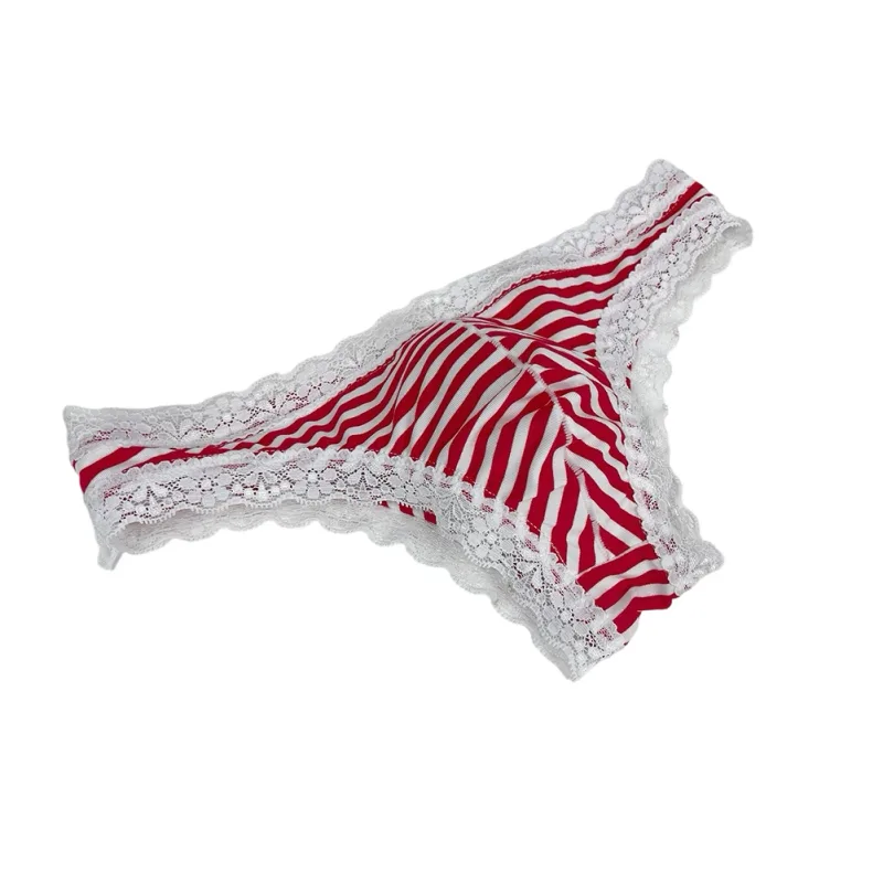 Men Lace Trim Striped G-string Underwear Half-covered Butt Low-rise Pantie Breathable Sexy U Bulge Pouch Comfortable Tong