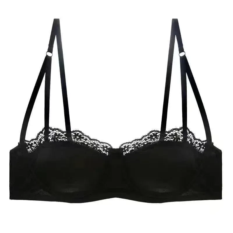 Sexy Satin Half Cup Bra Set with Steel Ring Thin Comfortable Upper Support Green Lace Edge Glossy Lingerie for Women
