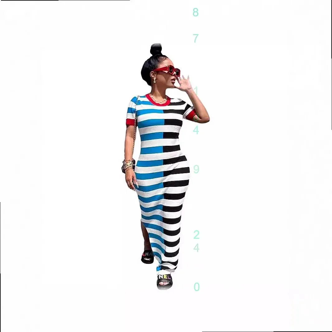 Spring Summer Women Stripe Dress Short Sleeve Split Bodycon Dresses Casual Tee Top