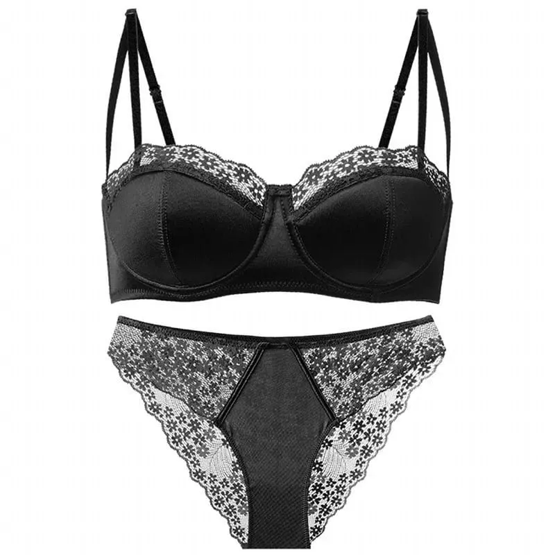 Women Half Cup Lace Bra Set Thin Underwire Minimizer Bra Sexy Push‑Up Anti‑Sag Side Support Hide Armpit Fat Lingerie