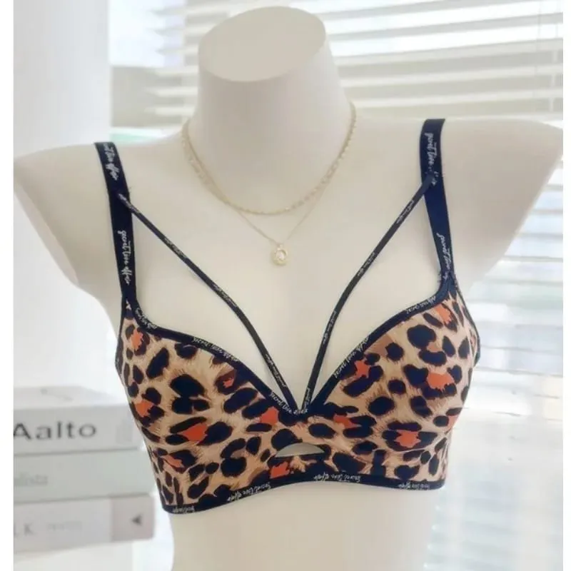 Stylish Leopard Print Seamless Wireless Lingerie Thin Comfortable Gather Small Breast Pretty Breast Shape Casual Wear Soft S-XL