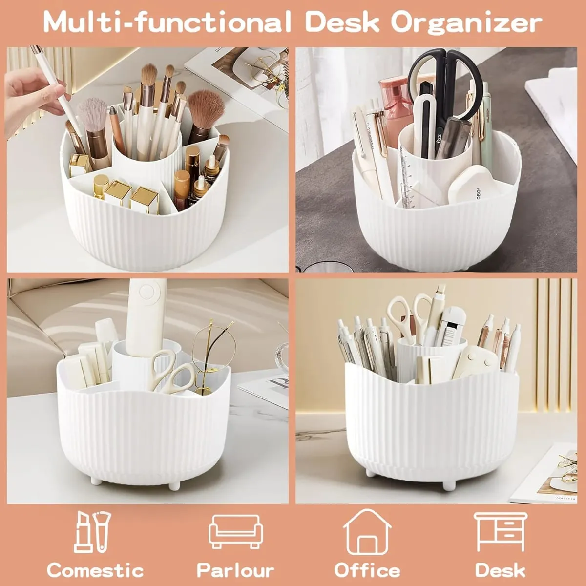 360-Degree Rotating Makeup Organizer 5 Slot Plastic Cosmetic Storage Elegant Stripe Versatile Holder for Brushes Office Supplies