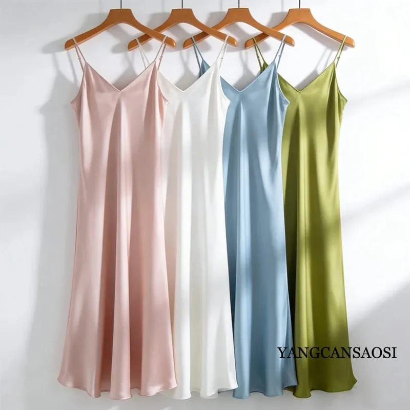 2026 Women's Fashion New 21MM 100% Natural Mulberry Silk Plain Satin Extended French Sexy Adjustable Shoulder Strap Solid Dress
