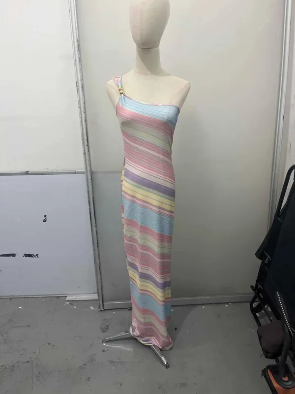 Linen-feel Vertical Stripe Long Sleeve Wrap Maxi Dress V Neck Asymmetrical Hem Vacation Dress Suitable For Daily Commute Wear