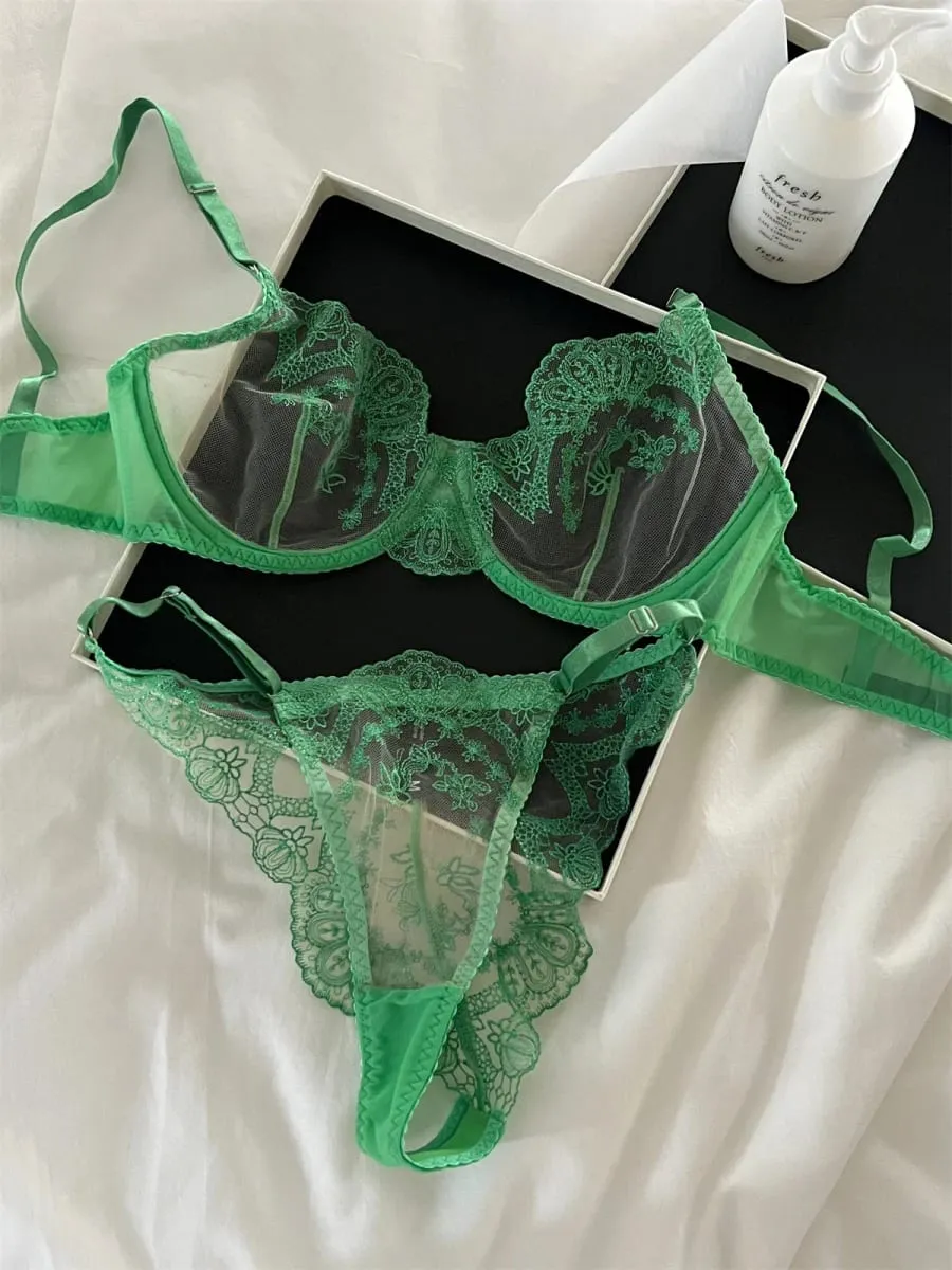 Sexy Lace Push Up Bra Set Transparent Triangle Cup & Romantic Green Lace Underwear for Women