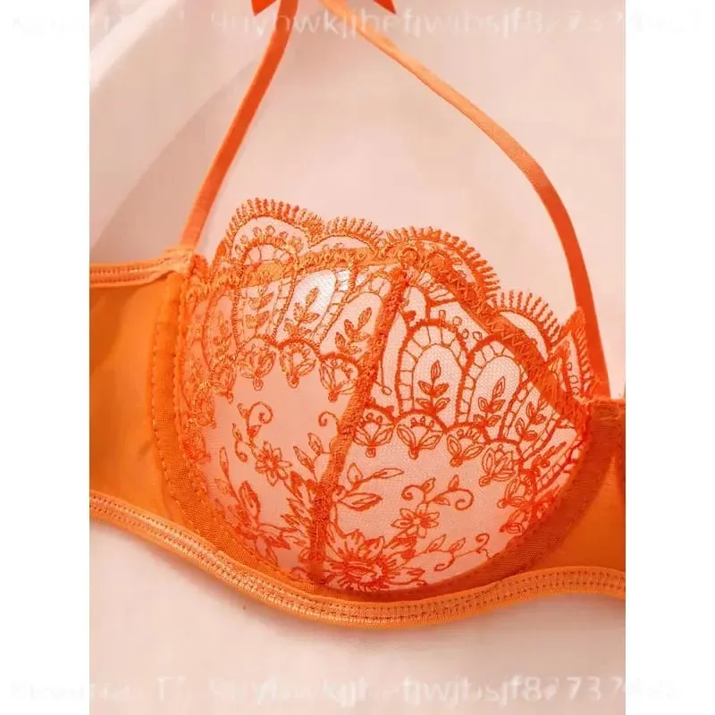 Sexy Orange Lace Lingerie Set Women Push Up Bra and Panty Butterfly Bow Underwear Female Intimates Sleepwear ZA824057