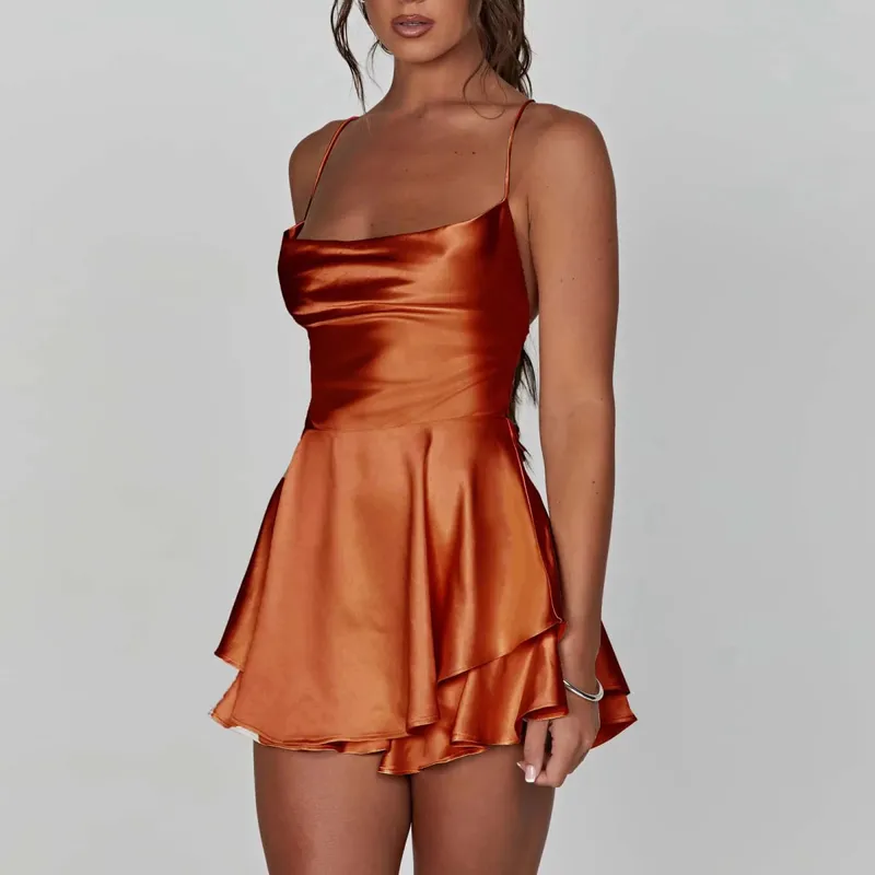 Satin Silke Kvinder Sexet Cami Playsuits Kjole Solid Cowl Neck Ærmeløse korte jumpsuits Sommer Cross Tie-Up Rygløs Romper