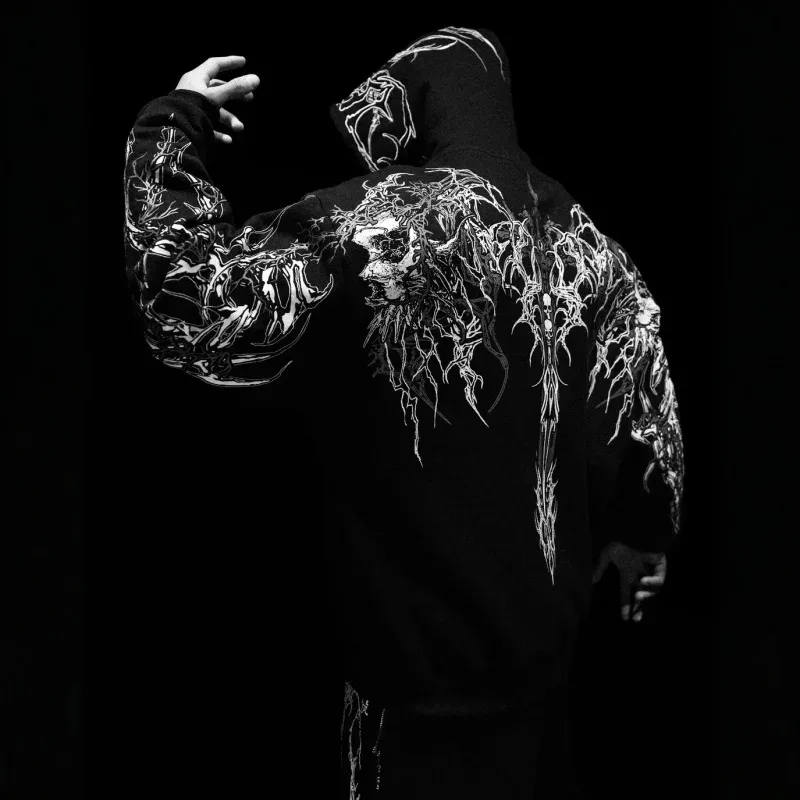 2025New American Style Men's Hooded Sweatshirt Trendy Brand Dark Style Sports Fitness High Street Autumn Winter Men's Sweatshirt
