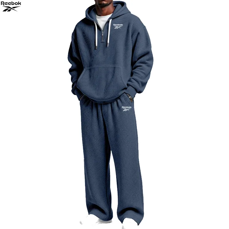 2026 Reebok Brand Spring-Autumn Men's Hooded Sweatshirt Set - Retro Solid Color Loose Fit Street Style Half-Zip Hooded Shirt - C