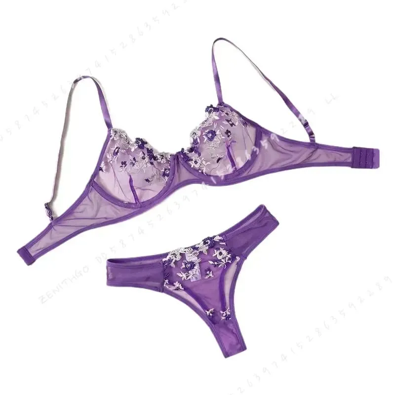 Purple Fancy Lingerie Set Women Embroidered Flower Bra and Panty Underwear Female Outfits