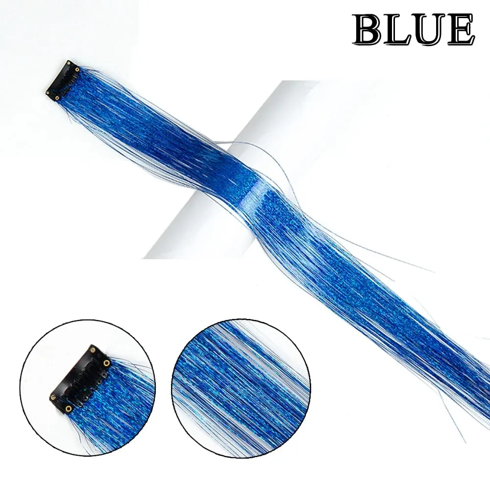 Straight Rainbow Colored Party Highlights Clip On In Hair Extensions Bling Hair Piece Synthetic Hairpieces Sparkling Tinsel Red — image 21