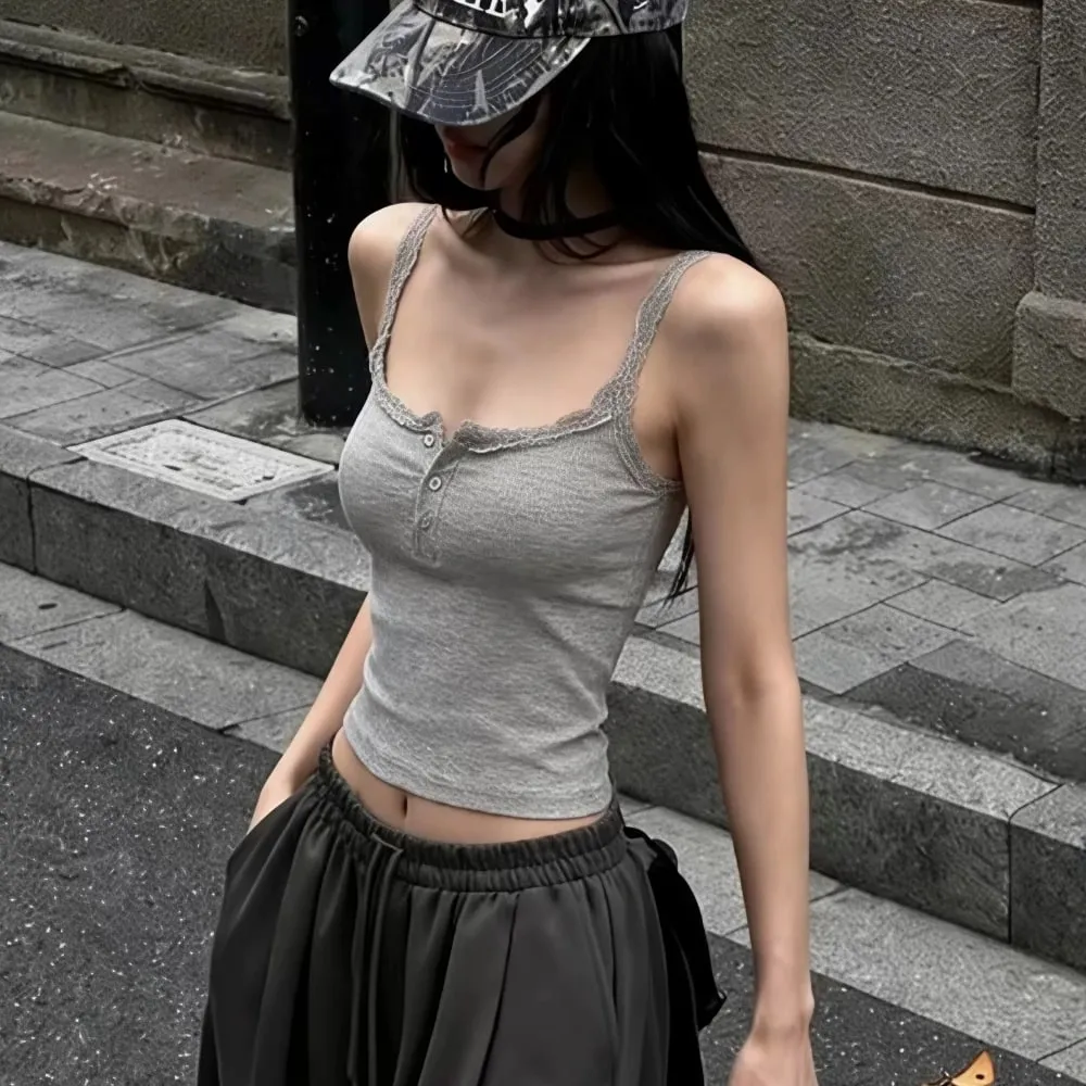 Y2K Lace Trim Spaghetti Strap Cami Top Button?Front Ribbed Knit Slim Fit Sleeveless Crop Camisole Women Casual Basic Tank Top