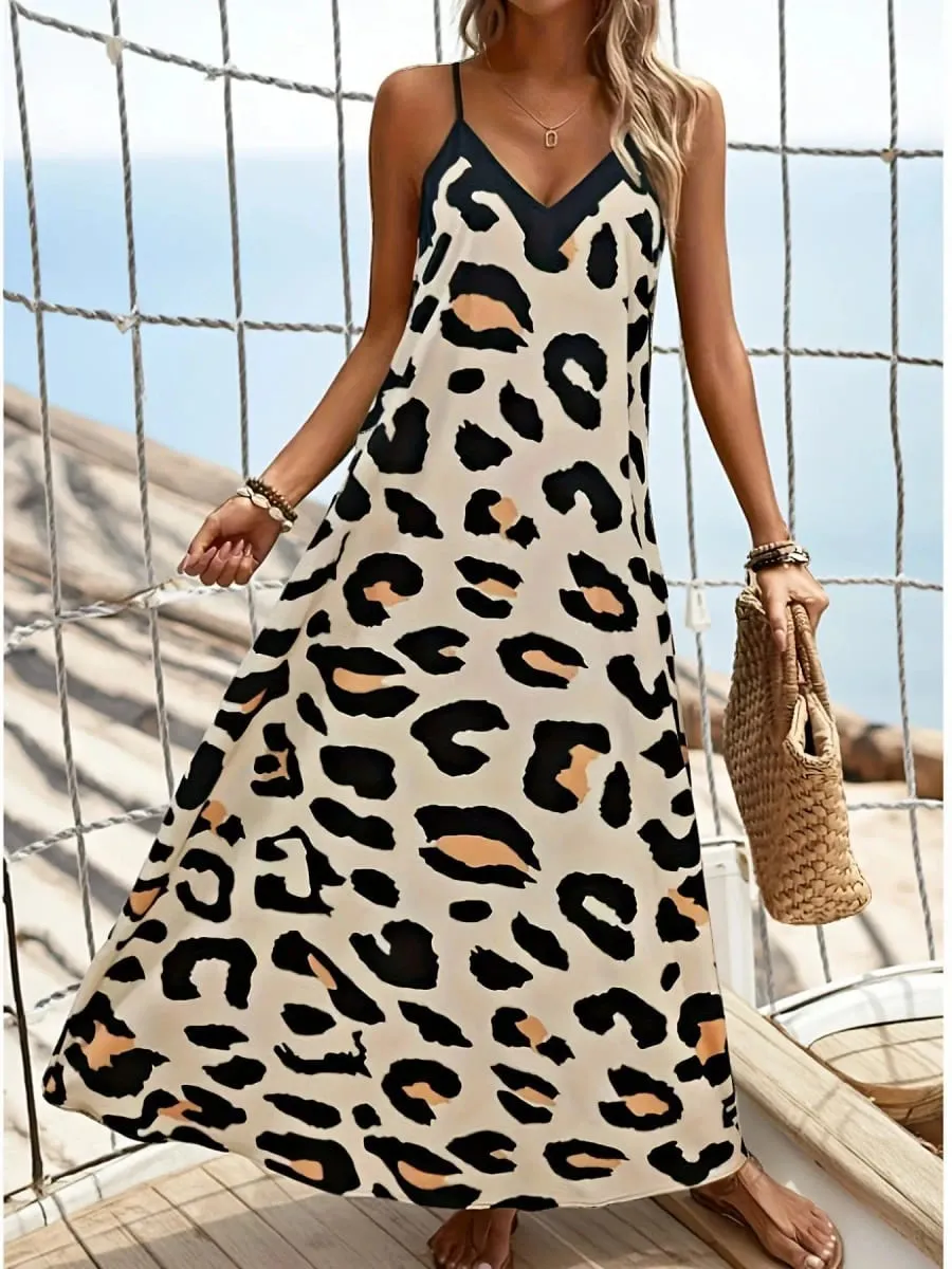 2026 New Women Leopard Print Spaghetti Strap Maxi Dress Sleeveless V Neck Casual Long Dresses Summer Beach Vacation Outfit