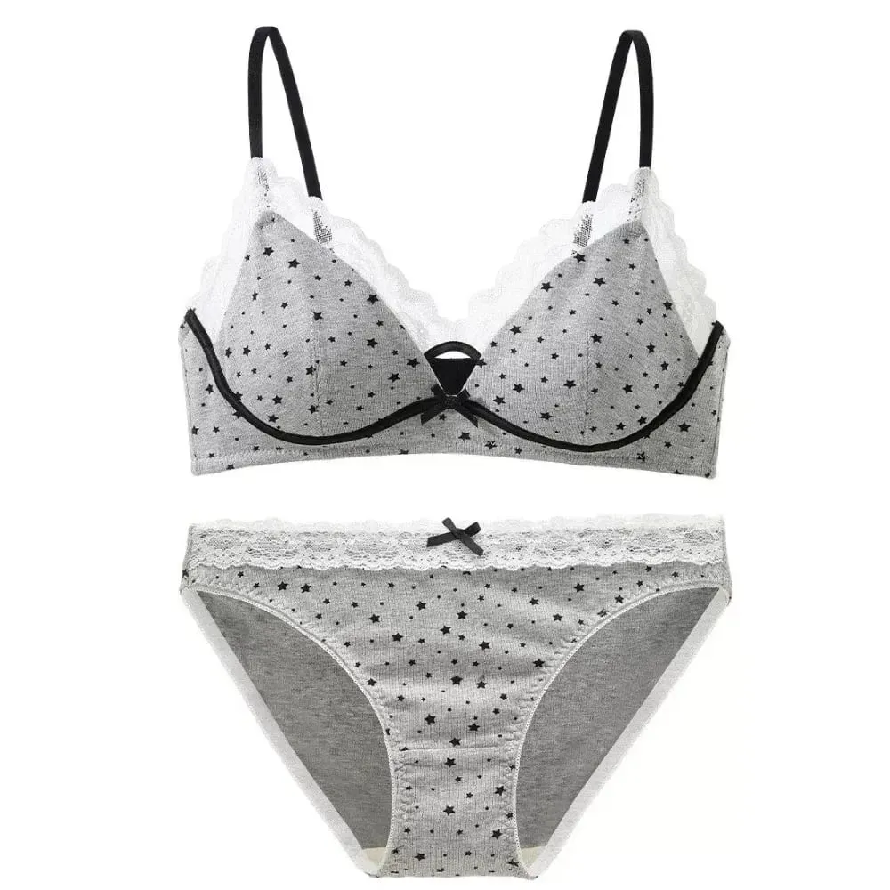 Women No Underwire Bra Set Soft Support Push‑Up For Small Bust Prevent Sagging & Side Spread Sweet Girly Style Lingerie 32‑38