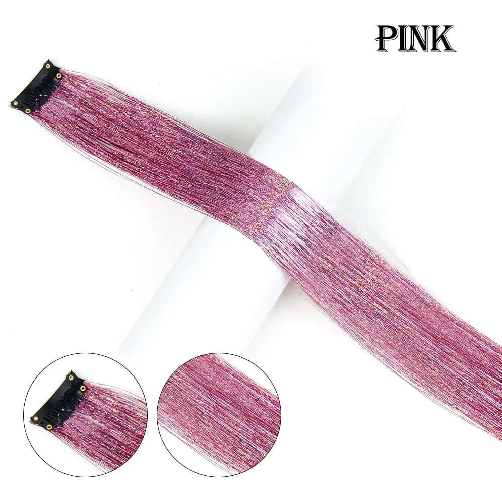 Straight Rainbow Colored Party Highlights Clip On In Hair Extensions Bling Hair Piece Synthetic Hairpieces Sparkling Tinsel Red — image 20