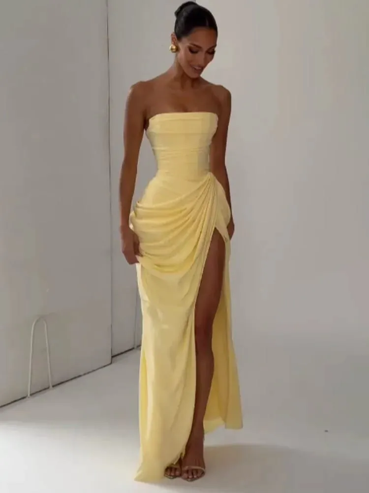 Yellow Strapless Pleated Women Split Maxi Dress Elegant Sleeveless Waist Cinching Slim Fit Dresses 2026 Lady Daily Party Gowns — image 3