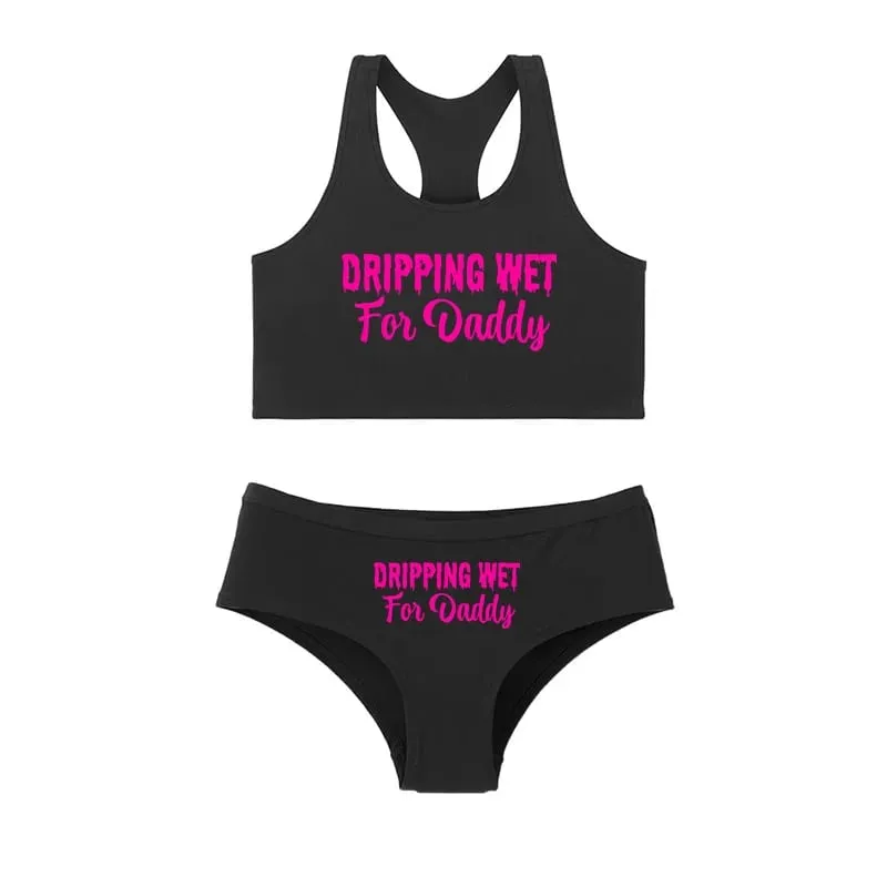 Sexy Women Lingerie Set DRIPPING WET FOR DADDY Vest Briefs Set Comfort Breathable Cotton Tank Tops With Underwear Ladies Clothes