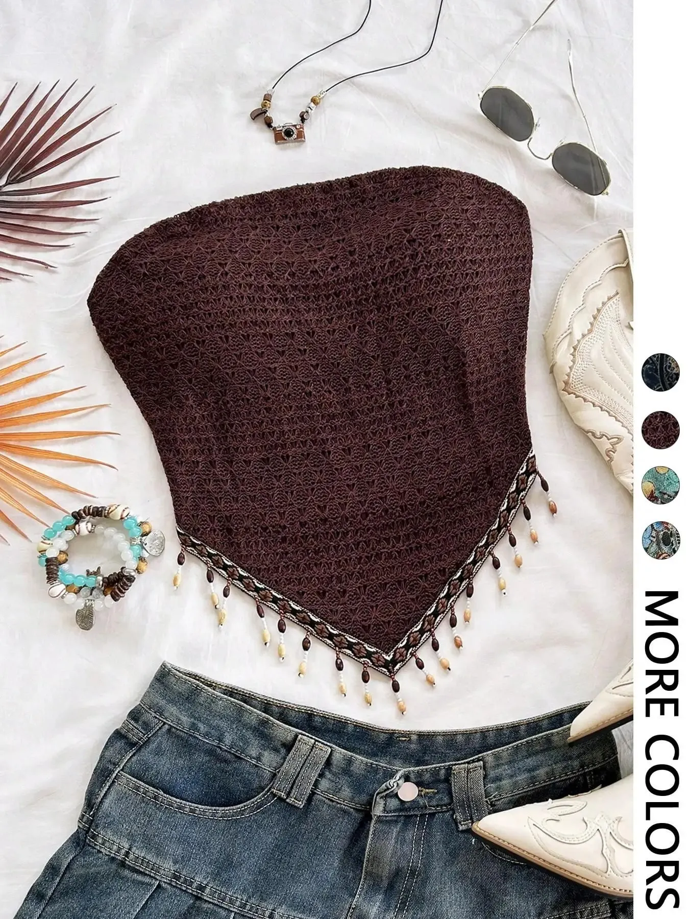 Ladies' 1pc Printed Mesh Knitted Tube Top with Triangular Hem And Beaded Fringe Trimmings