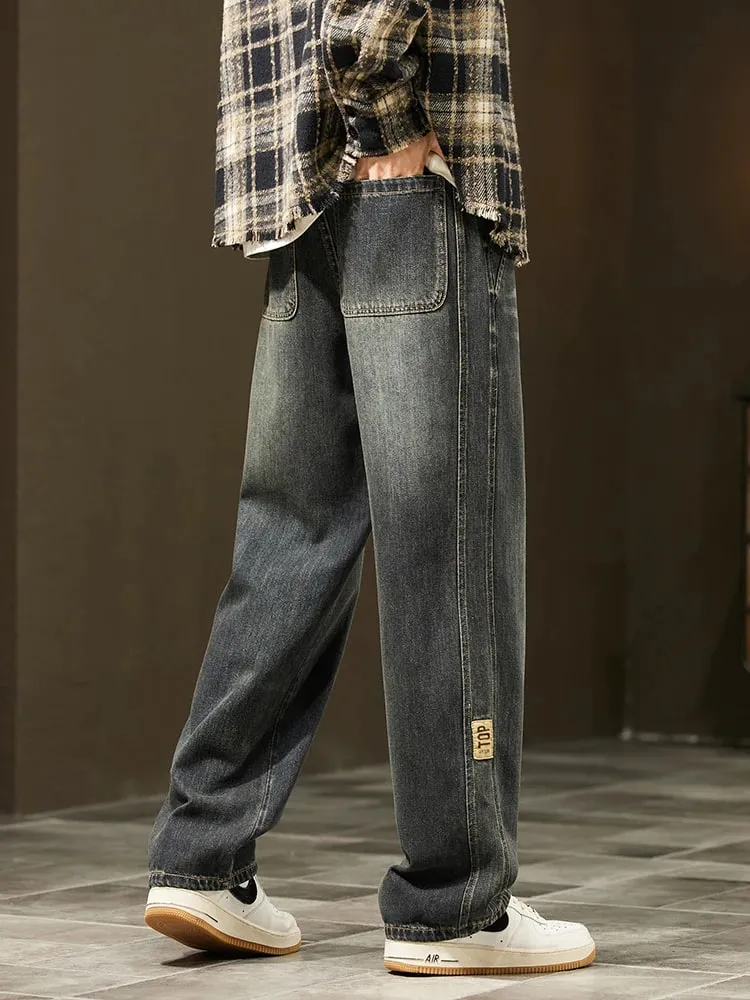 Korean Loose Wide Legs Jeans Men's Vintage Wash Denim Pants Fashion Streetwear Casual Baggy Straight Male Trousers