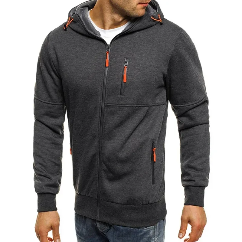 Men's Grey Hooded Sweatshirt Full Zipper Casual Sportswear with Pockets Orange Drawstring plus Size Available