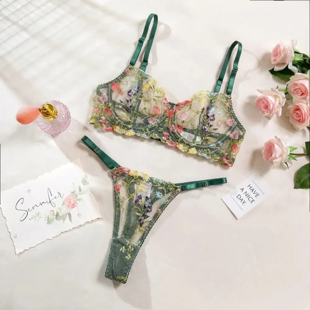 2dílná sada květinového spodního prádla Průsvitné všestranné spodní prádlo Intimky Výšivka Kostice Push-up Bra Kalhotky pro slečnu — image 9