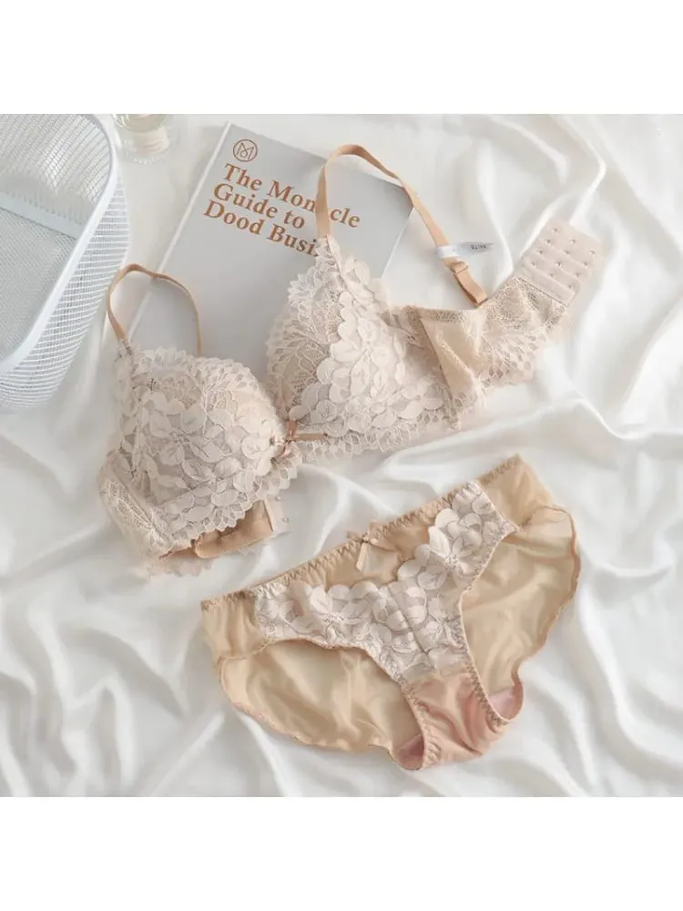 Push Up Bra for Small Breasts Lift & Gather Unpadded Lace Bra Set Adjustable Anti-Sagging Wireless Comfort Luxury Lingerie
