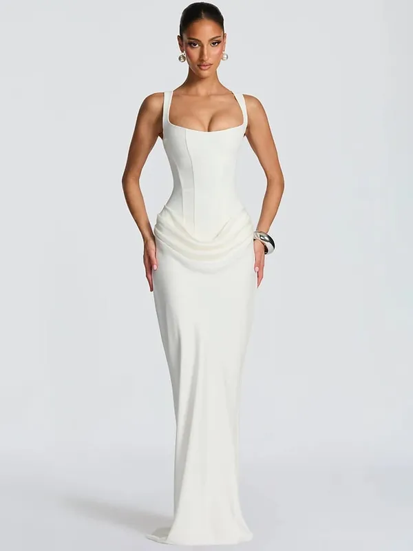 Mozision Elegant Backless Sexy Maxi Dress Women Gown Fashion Square Collar Sleeveless Skinny Ruched Club Party Long Dresses