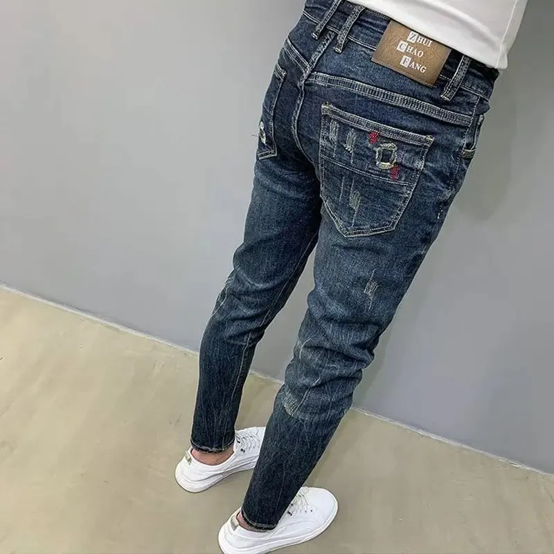 Harajuku Fashion Autumn New Blue Jeans Men's Trendy Brand Scratches Cargo Work Korean Slim-fitting Trousers Luxury Elastic Pants