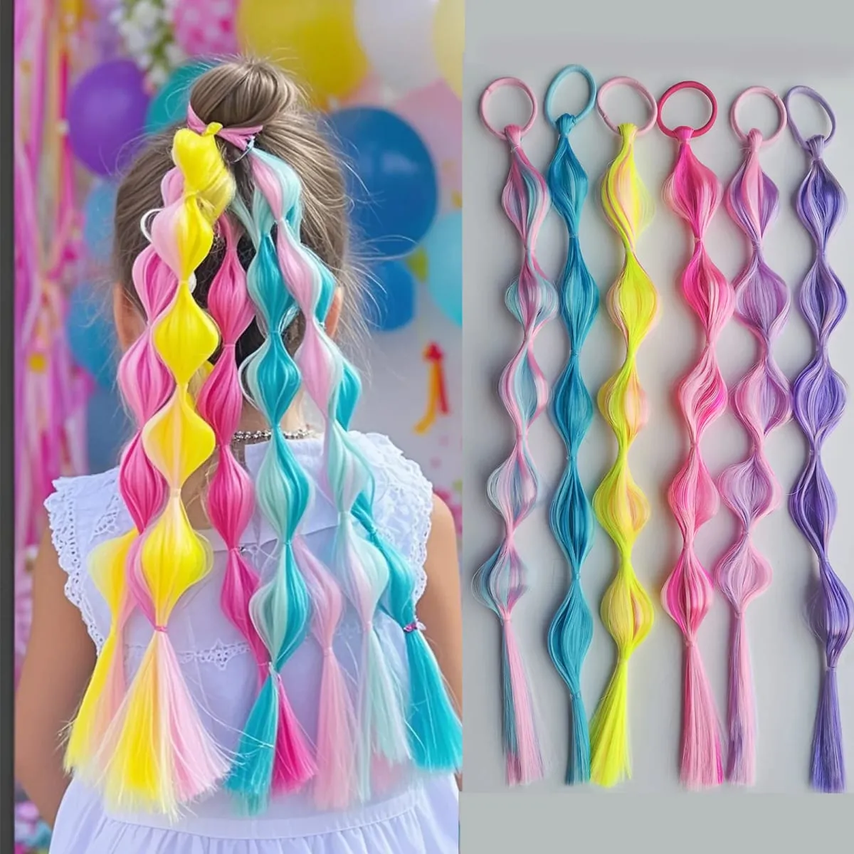 6pcs Clip in Curly Hair Extensions Rainbow Color Hairpieces with Cute Alligator Clip Bows for Girls-Great for Gifts Holidays