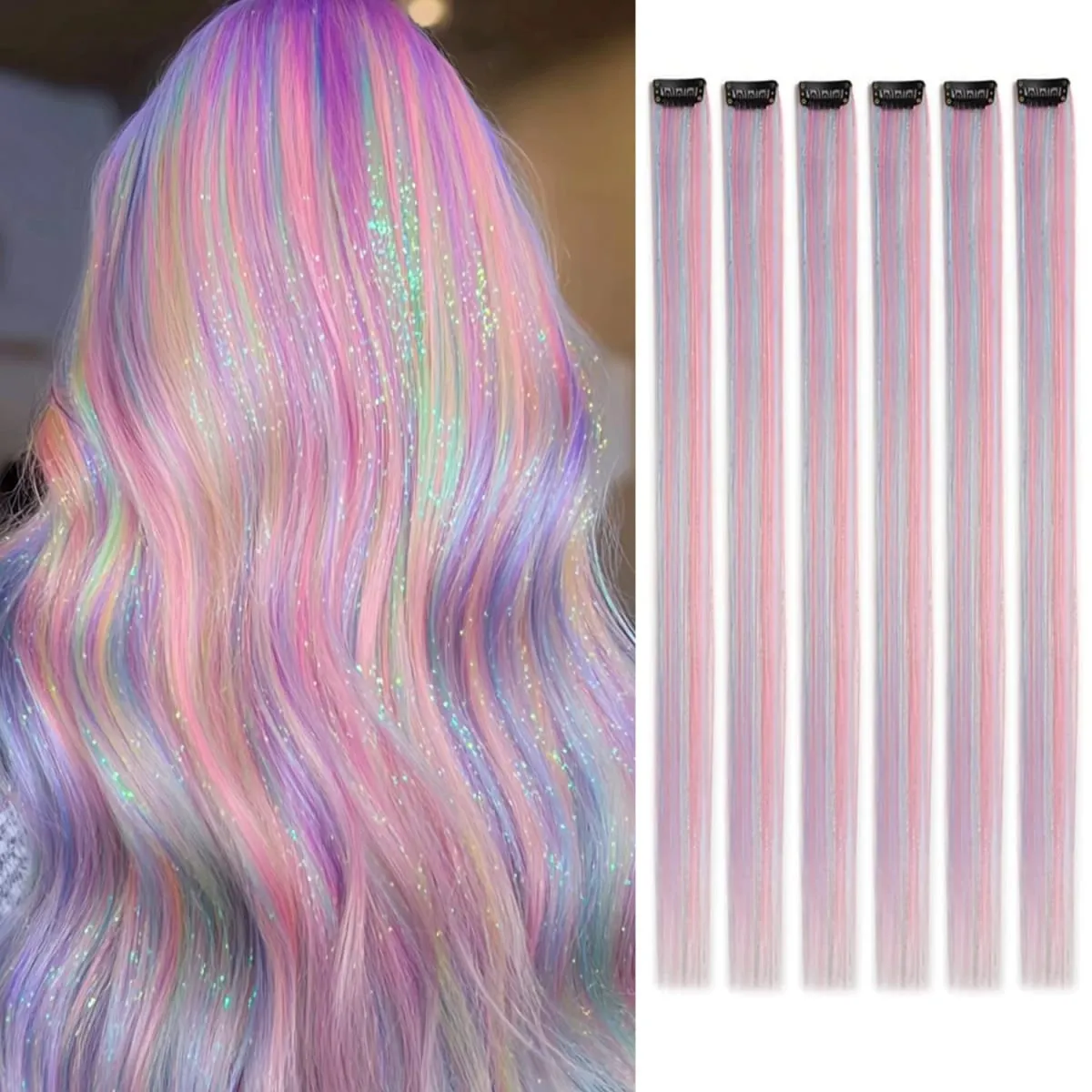 Synthetic Clip in Hair Extensions for Girls 22 inch Multi-colors 6pcs/pack Rainbow Straight Hair Synthetic Hairpieces
