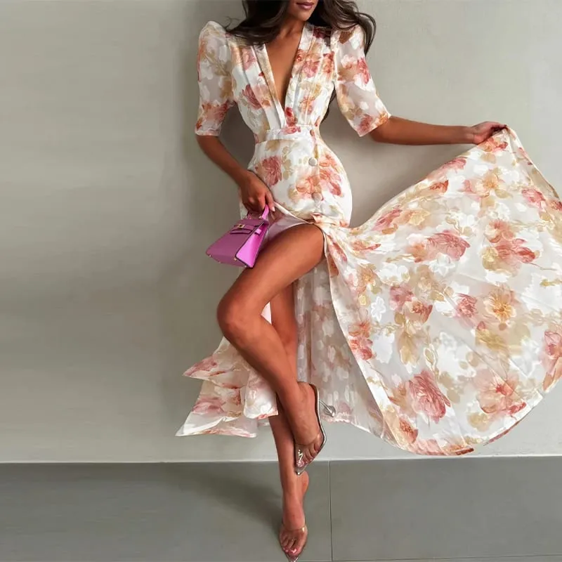 Elegant Women's Floral Print Dresses Single Breasted Slit Maxi Dresses Bodycon Party Evening Formal Gown 2026 New Outfit