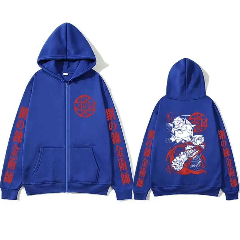 Anime Fullmetal Alchemist Edward Elric Alphonse Elric Zipper Hoodies Men's Clothing Zip Up Hooded Sweatshirts Long Sleeves Coats