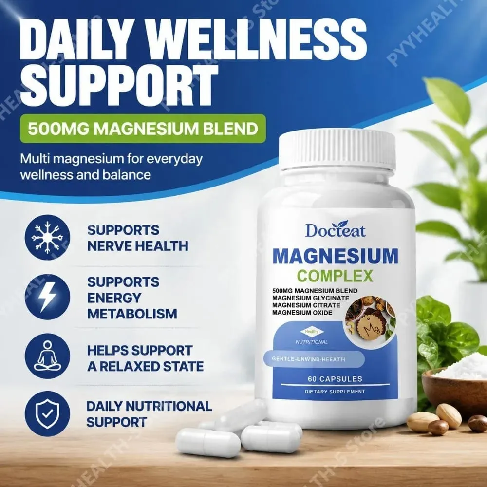 Docteat Magnesium Complex Capsules with 500mg Magnesium Blend Supports Nerve Health and Energy Metabolism Daily 60 Capsules