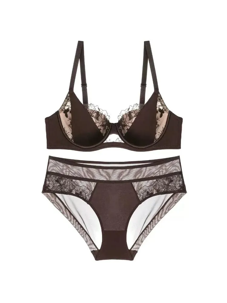 French Lace Embroidery Sexy Bra Set Push Up Minimizer Gather Support Full Coverage Comfort Lingerie for Big Breasted Women 2PCS