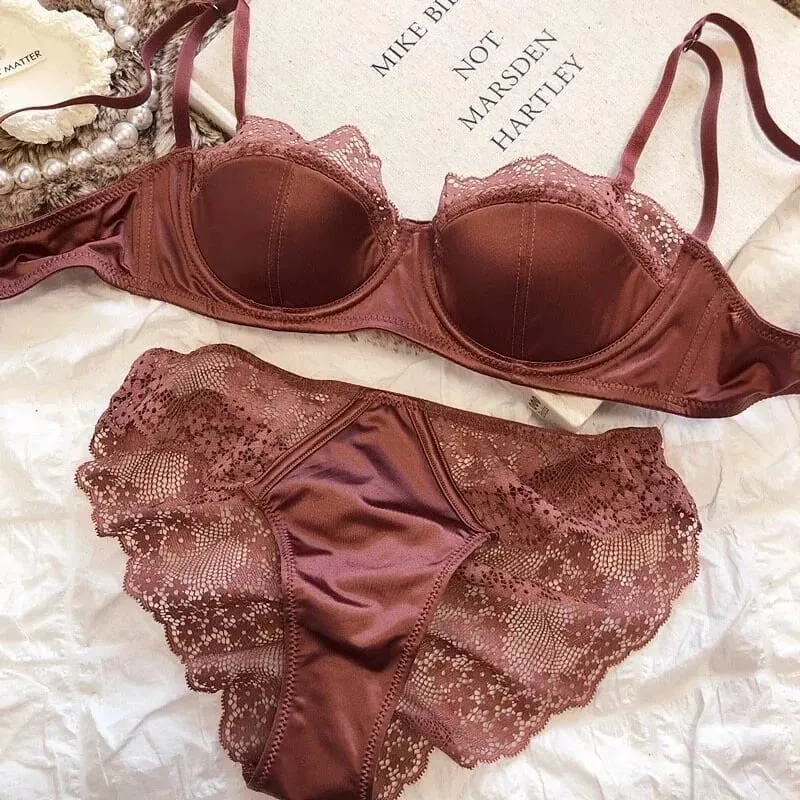 Hot Sexy French Lace Push Up Bra Set Demi Cup Breathable Thin Wire Bra Anti Droop Side Fat Control Gather For Small Bust S-XL