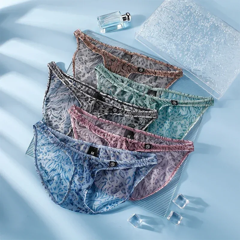 Men Leopard Printed Mesh Underwear Ice Silk Thin Breathable Low Waist Quick Dry Cool Summer Mens Briefs Panties — image 9