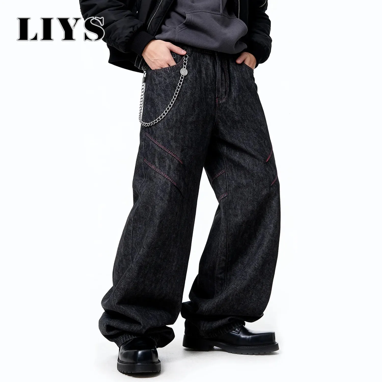 Four Seasons American Retro Men's Black Baggy Wide Leg Jeans Basic Business Casual Loose Denim Pants Unisex Street Jeans — image 3