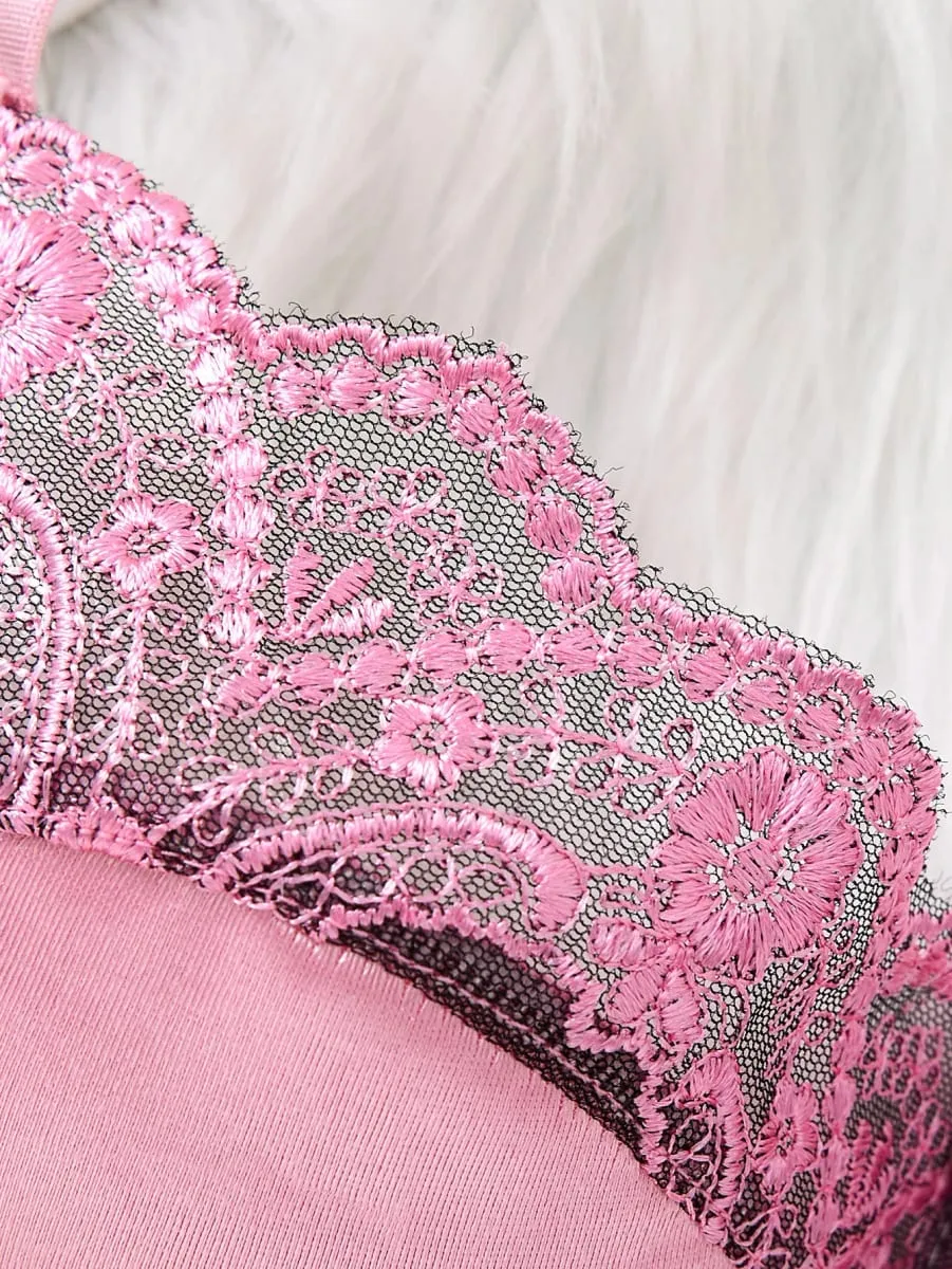 Women's Romantic Pink Lace Lingerie Set Padded Balconette Bra + Sheer Thong Satin Trim Date Night/Valentine's Underwear ZA824289