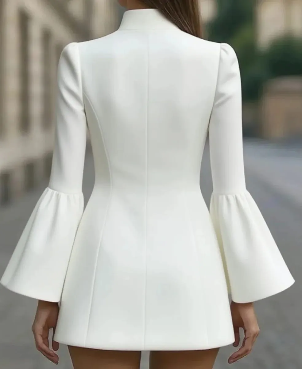 Autumn temperament slim solid colour stand-up collar flared sleeve single-breasted suit dress