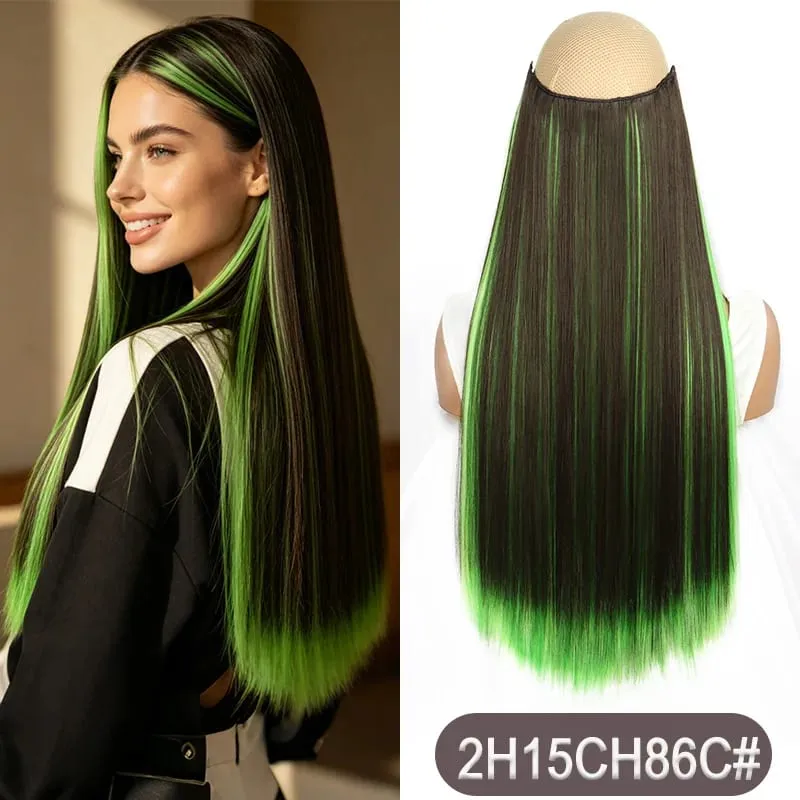 Synthetic 24Inch Long Straight One Piece Rainbow Highlight Clip In Hair Extensions for Women Daily Use Easy Wear