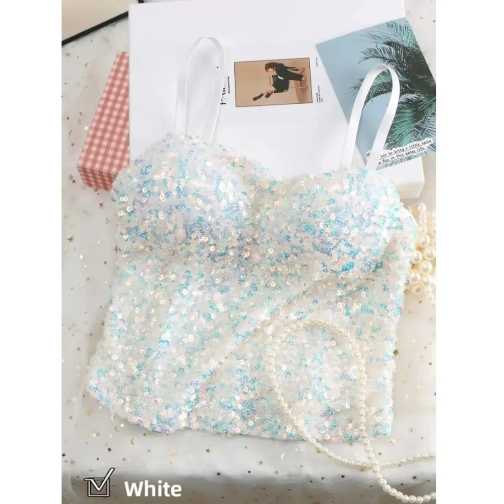 Shiny Sequin Sequin One-Piece Tank Top Fixed Wrap Chest High Elasticity Backless Vest Underwear Short Base Layer Vest Top Summer