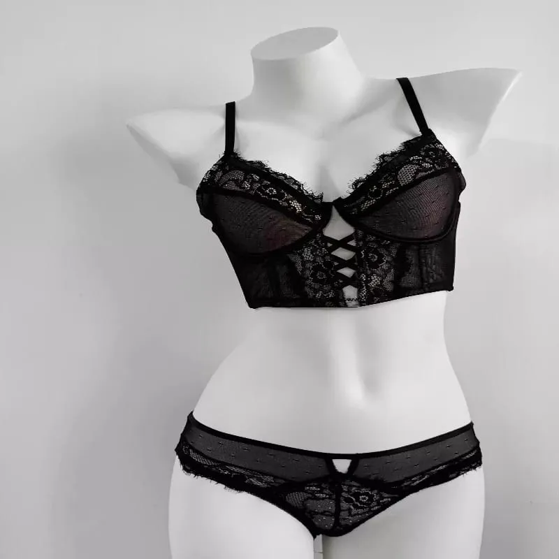 French Lace Push Up Underwear Set Mulher Thin Underwire Bra Sheer Ruched Chemise Soft Petite Small Bust S-XL Petite Elegance