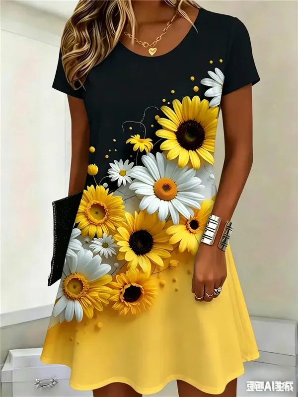 Fashion Street Floral Pattern Women Mini Dresses Summer Short Sleeve 3D Flower Printed Ladies Dress O-Neck Loose Casaul Dress
