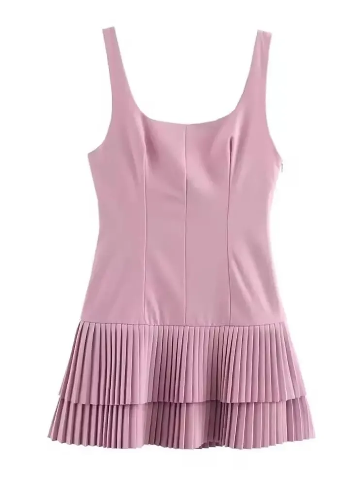 HH Women Fashion Ruffle Dress Elegant Solid Sleeveless Pleated Mini Dresses Summer Lady Beach Vacation Party Dress Vestidos
