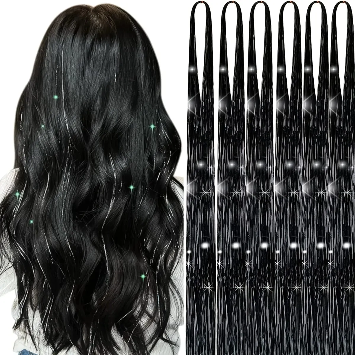 6pcs 22inch Colorful Glitter Tinsel Hair Extensions Fairy Hair Extension Hair Extension Tinsel Glitter Hair Synthetic Extensions — image 11