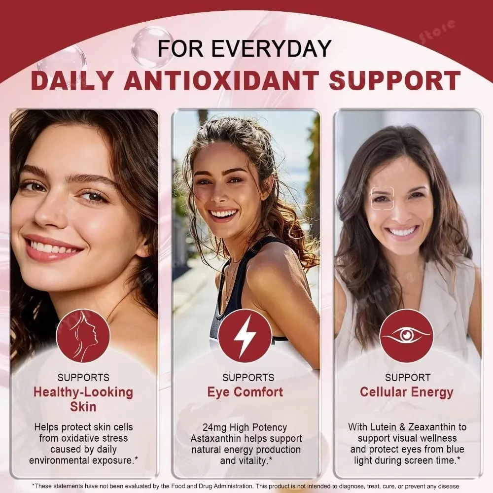 Astaxanthin Softgels 24mg Triple Strength Powerful Antioxidant Eye Health Support Microalgae Soy Free Gluten Free 120 Count