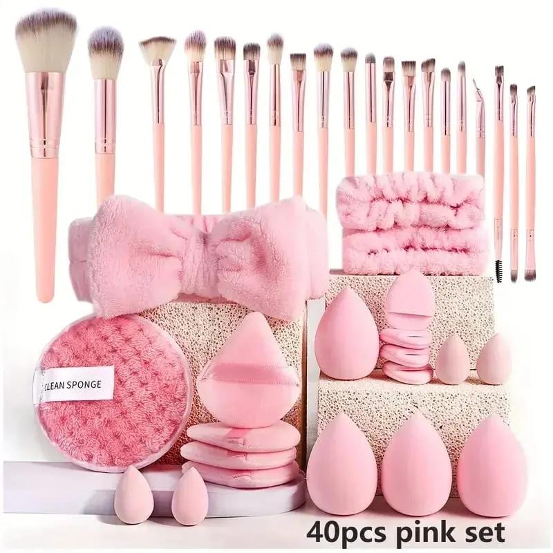 20/40Pcs Makeup Brushes and Sponges Set Brown Makeup Puff Beauty Egg Headband Wristband Remover Kit Makeup Tool Gift