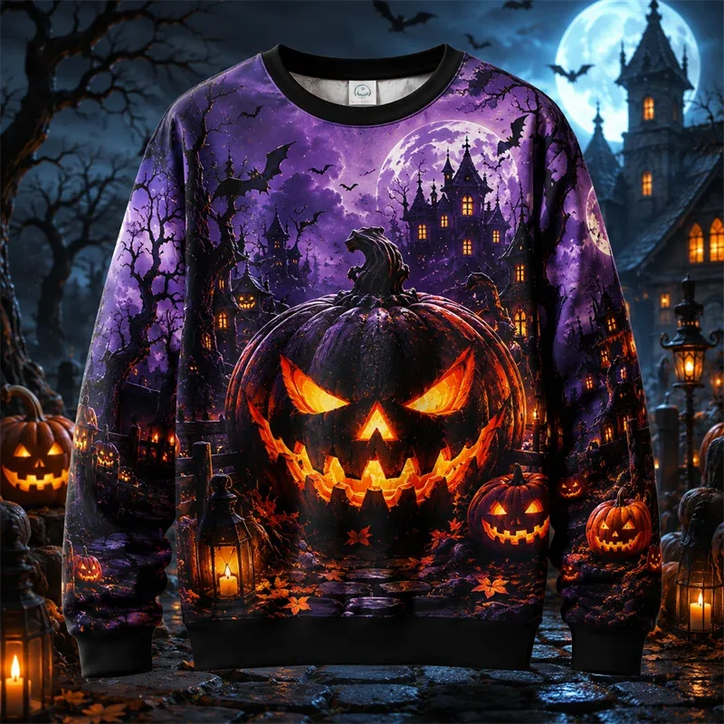 2026 New Pumpkin Print Halloween Sweatshirts Fashion Trendy Long Sleeve Holiday Wear Sweater Loose Streetwear Hip Hop Pullovers