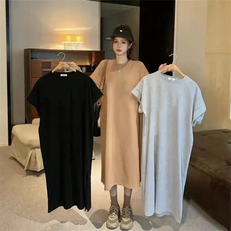 Loose Casual Solid Color Comfortable Dress Loose Large Size Short Sleeved Shirt Dress Summer Home Long Dresses — image 2