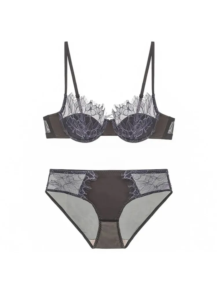 French Eyelash Lace Sexy Hollow Underwear Women's Soft Steel Rim Thin Gather Up Support Women's Bra Bra Set s-xl — image 2